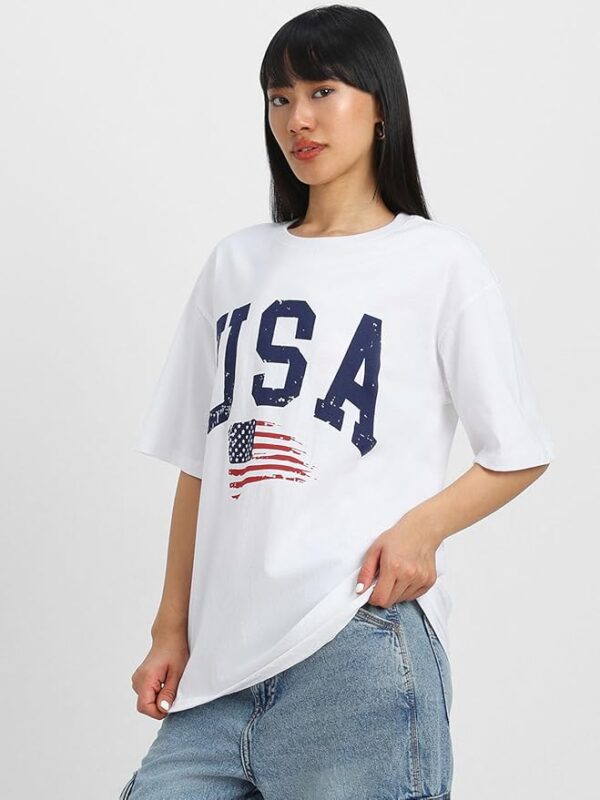 Round Neck Drop Shoulder Round Neck Black & White Graphic Printed Pure Cotton Oversized Baggy Fit Half Sleeve T-Shirt - Image 4