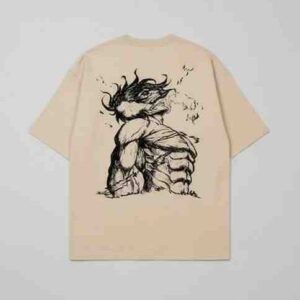 men's oversized beige t shirt – round neck, cotton blend, anime print, stylish & comfy casual wear (pack of 1)