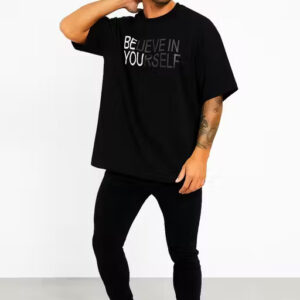 men’s oversized graphic t shirt – round neck, three quarter sleeves, cotton blend casual wear