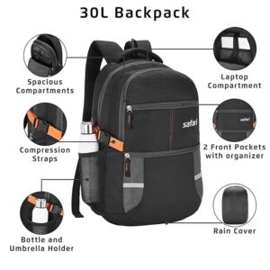 safari omega 30l black laptop backpack – spacious travel & college bag with rain cover