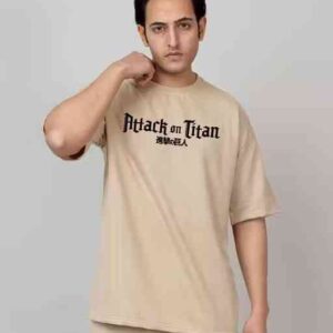 men's oversized beige t shirt – round neck, cotton blend, anime print, stylish & comfy casual wear (pack of 1)