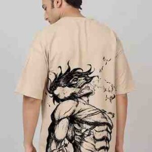 men's oversized beige t shirt – round neck, cotton blend, anime print, stylish & comfy casual wear (pack of 1)