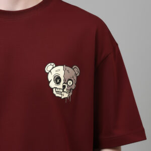 men’s oversized maroon t shirt – drop shoulder, 100% cotton, stylish back print & comfort fit