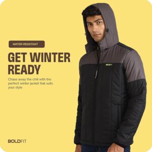 boldfit men's stylish puffer winter jacket – full sleeves, hooded bomber style, standard length sweatshirt"
