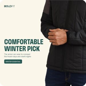 boldfit men's stylish puffer winter jacket – full sleeves, hooded bomber style, standard length sweatshirt"
